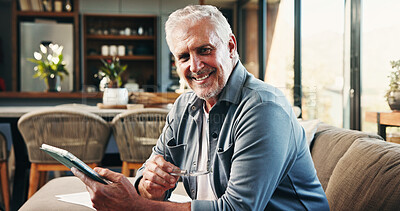 Buy stock photo Tablet, happy and senior man on sofa in home with internet banking for investment payout. Smile, digital technology and elderly person with online account for pension funds in living room at house.