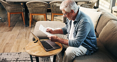 Buy stock photo Documents, laptop and senior man on sofa in home planning for retirement fund with savings. Paperwork, computer and elderly male person with finance budget for pension account in living room.