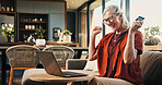 Laptop, online shopping and woman with credit card, excited and happy with discount offer on website. Digital, purchase and mature person with tech for payment, winner or celebration for sale in home