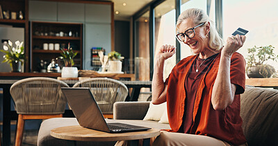 Buy stock photo Laptop, online shopping and woman with credit card, excited and happy with discount offer on website. Digital, purchase and mature person with tech for payment, winner or celebration for sale in home
