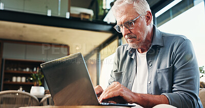 Buy stock photo Old man, glasses and typing in home with laptop for asset management, retirement fund or prepare will. Senior person, browsing and email in house with computer, pension annuity and estate planning.