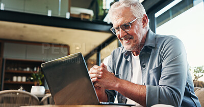 Buy stock photo Happy, laptop and senior man in home for online research, website and internet for email in living room. Smile, retirement and elderly person with computer for communication, news and subscription