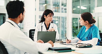 Buy stock photo Laptop and healthcare with doctors in hospital for teamwork, surgery schedule and meeting. Patient records, planning and medical update with people in clinic for nurses consulting, research and tech