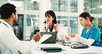 Buy stock photo Laptop, discussion and healthcare with doctors in hospital for team, surgery schedule and meeting. Patient records, planning and medical with people in clinic for nurses consulting, research and tech