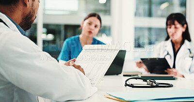 Buy stock photo Hospital, office and doctors in meeting with clipboard for patient results, medical report and planning. Healthcare, teamwork and people with documents for consulting, discussion and surgery schedule