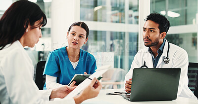 Buy stock photo Meeting, discussion and healthcare with doctors in hospital for team, surgery schedule and talk. Patient records, planning and medical with people in clinic for nurses consulting, research and review