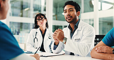 Buy stock photo Hospital, office and doctors in meeting with conversation for patient results, report and planning. Healthcare, teamwork and people with documents for consulting, discussion and surgery schedule
