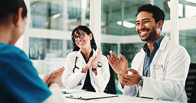 Buy stock photo Doctors, nurse and applause in meeting for healthcare results, report success or residency achievement. Medical people, celebration and excited for bonus, promotion praise and thank you in hospital