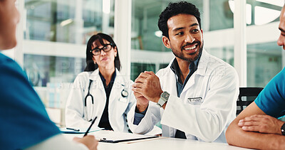 Buy stock photo Doctors, nurse and smile in hospital meeting for promotion results, report success or residency achievement. Medical people, celebration and excited for bonus, healthcare praise and thank you