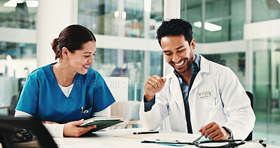 Buy stock photo Doctor, nurse and smile in hospital with meeting for healthcare, treatment plan or diagnosis. Laugh, tablet and medical professional people for conversation, teamwork or collaboration in clinic