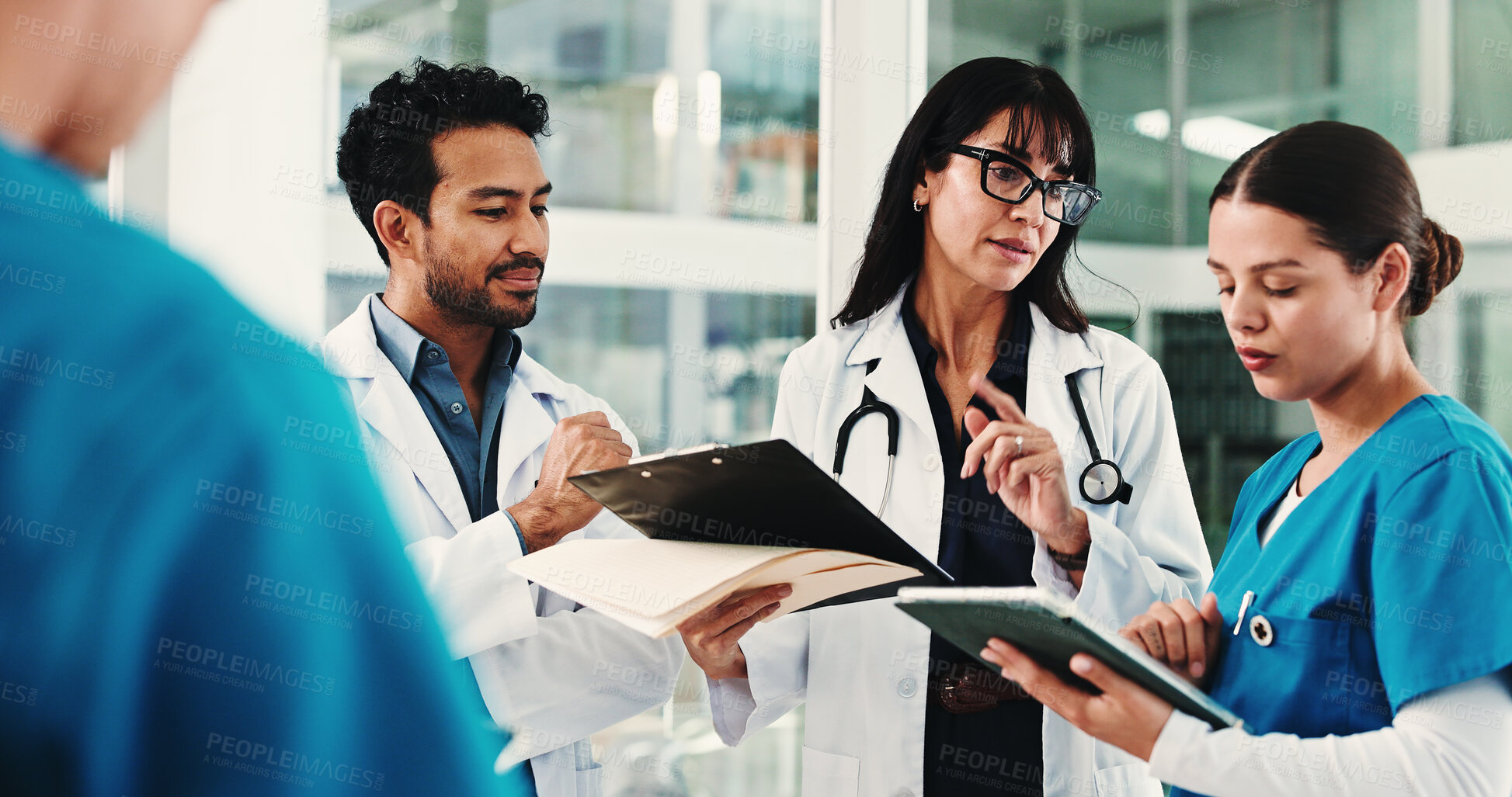 Buy stock photo Meeting, clipboard and tablet with doctors in hospital for team, surgery schedule and healthcare. Patient records, planning and medical with people in clinic for checklist, research and tech