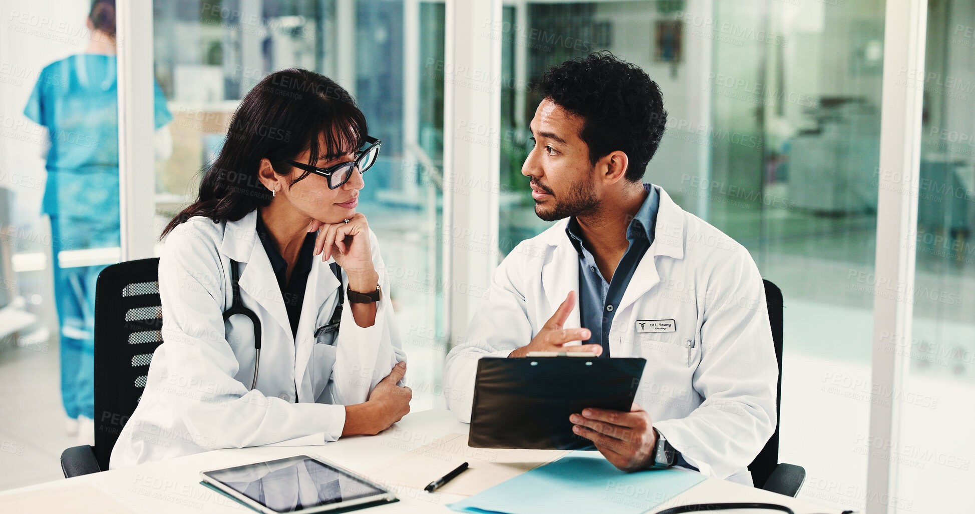 Buy stock photo Meeting, clipboard and healthcare with doctors in hospital for team, surgery schedule and talk. Patient records, planning and medical with people in clinic for checklist, research and review