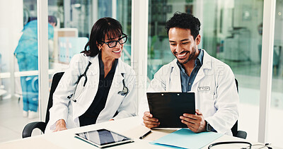 Buy stock photo Meeting, clipboard and reading with doctors in hospital for team, surgery schedule and healthcare. Patient records, planning and medical with people in clinic for checklist, research and review