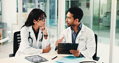 Buy stock photo Meeting, clipboard and advice with doctors in hospital for team, surgery schedule and healthcare. Patient records, planning and medical with people in clinic for checklist, research and review