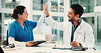 Doctor, nurse and high five in hospital for achievement, report success or residency promotion. Medical people, celebration and excited for bonus meeting, healthcare praise and teamwork results
