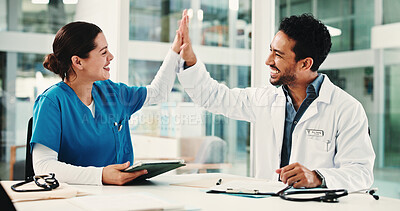 Buy stock photo Doctor, nurse and high five in hospital for achievement, report success or residency promotion. Medical people, celebration and excited for bonus meeting, healthcare praise and teamwork results
