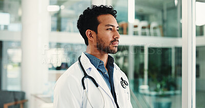 Buy stock photo Thinking, doctor and man in hospital, healthcare and contemplation for illness treatment. Medical service, person and employee in clinic, solution or decision for report, research results or planning