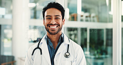 Buy stock photo Smile, doctor and portrait of man in hospital lobby for healthcare advisor, about us and cardiologist. Medical professional, opportunity and heart physician with person in clinic for pride and happy