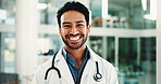 Happy, doctor and portrait of man in hospital lobby for healthcare advisor, about us and cardiologist. Medical professional, opportunity and heart physician with person in clinic for pride and smile
