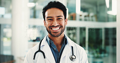 Buy stock photo Happy, doctor and portrait of man in hospital lobby for healthcare advisor, about us and cardiologist. Medical professional, opportunity and heart physician with person in clinic for pride and smile