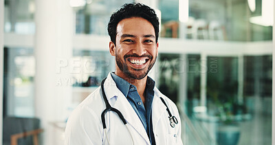 Buy stock photo Healthcare, doctor and portrait of man in hospital lobby for advisor, about us and cardiologist. Medical professional, opportunity and heart physician with male person in clinic for pride and happy