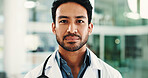 Portrait, man and doctor in hospital for healthcare career, consulting services and medicine expert. Serious, physician or medical professional with confidence for patient support, clinic or about us