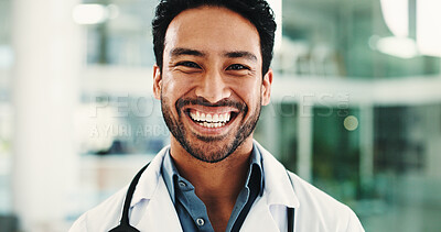 Buy stock photo Smile, healthcare and portrait of doctor in hospital lobby for advisor, about us and cardiologist. Medical professional, opportunity and heart physician with man in clinic for pride and happy