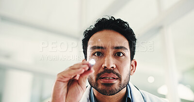 Buy stock photo Portrait, doctor or man in office with flashlight for eye examination POV, medical checkup or test. Person, healthcare or torch in clinic for pupil evaluation, brain function or cognitive assessment.