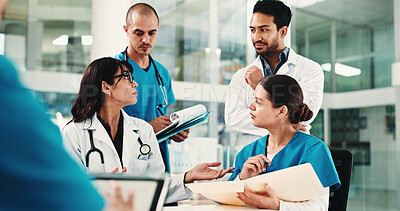 Buy stock photo Meeting, documents and advice with doctors in hospital for team, surgery schedule and healthcare. Patient records, planning and medical with people in clinic for checklist, research and review