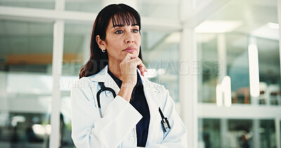 Buy stock photo Thinking, doctor and woman in hospital, planning and contemplation with solution. Medical service, employee and mature person in clinic, wonder and problem solving for schedule, ponder or choice