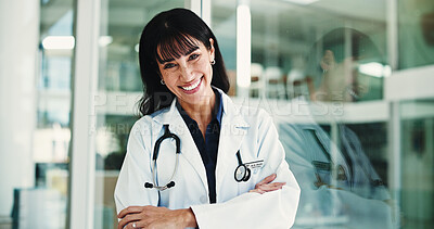 Buy stock photo Laugh, arms crossed and portrait of doctor in hospital lobby for healthcare advisor, about us and cardiologist. Medical professional, smile and heart physician with mature person in clinic for comic