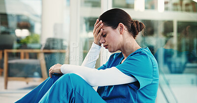 Buy stock photo Doctor, stress and woman in hospital, think and regret for operation failure, sad and mental health. Unhappy, surgeon and person with depression for loss, reflection and guilt for error in clinic
