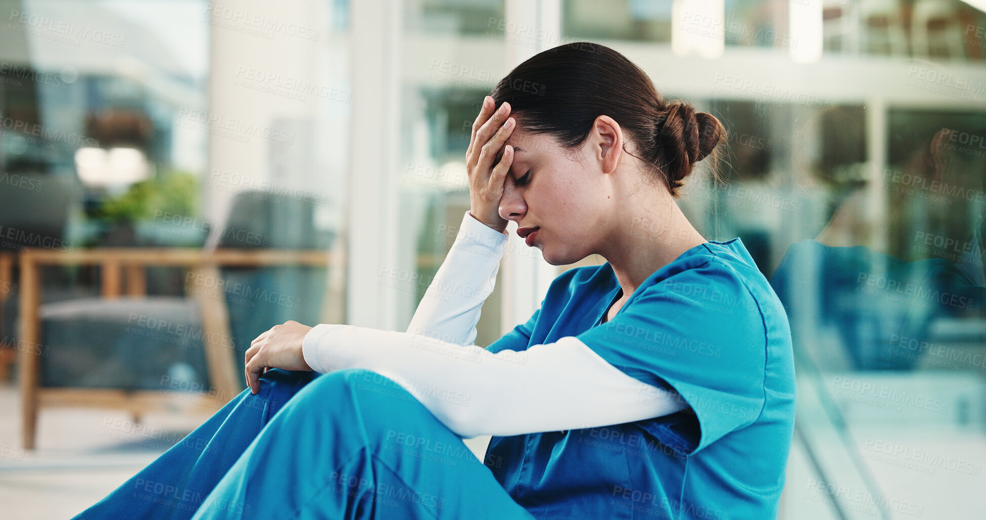 Buy stock photo Doctor, stress and woman in hospital, think and regret for operation failure, sad and mental health. Unhappy, surgeon and person with depression for loss, reflection and guilt for error in clinic