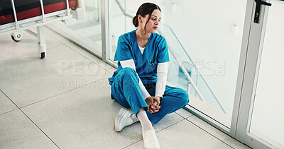 Buy stock photo Thinking, doctor and woman in hospital, emotional and regret for operation failure and mental health. Above, surgeon and person with depression for loss, disappointed or reflection for medical error