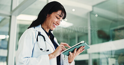 Buy stock photo Smile, woman and doctor with tablet in hospital for research, medical report and confirm surgery. Below, person and reading with digital for Telehealth, healthcare results and treatment information