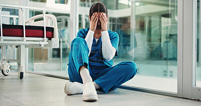 Buy stock photo Emotional, doctor and woman in hospital, grief and stress for operation failure, sad or disappointed. Clinic, surgeon and person with depression for loss, healthcare and unhappy for medical error