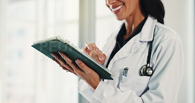 Buy stock photo Hands, woman and doctor with tablet in hospital for research, medical report and confirm surgery. Surgeon, space and reading with digital for Telehealth, healthcare results and treatment information