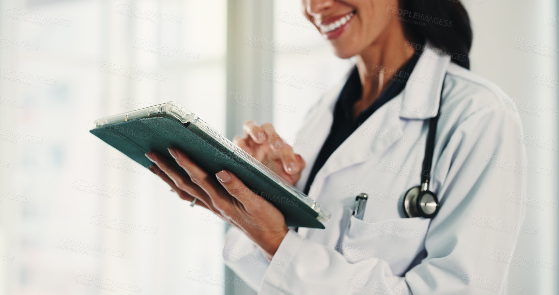 Buy stock photo Hands, woman and doctor with tablet in hospital for research, medical report and confirm surgery. Surgeon, space and reading with digital for Telehealth, healthcare results and treatment information