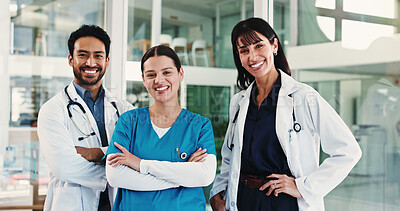 Buy stock photo Portrait, group and doctors with smile, hospital and confident for career growth and medical service. Happy, healthcare professionals and people with pride for unity, team and colleagues in clinic
