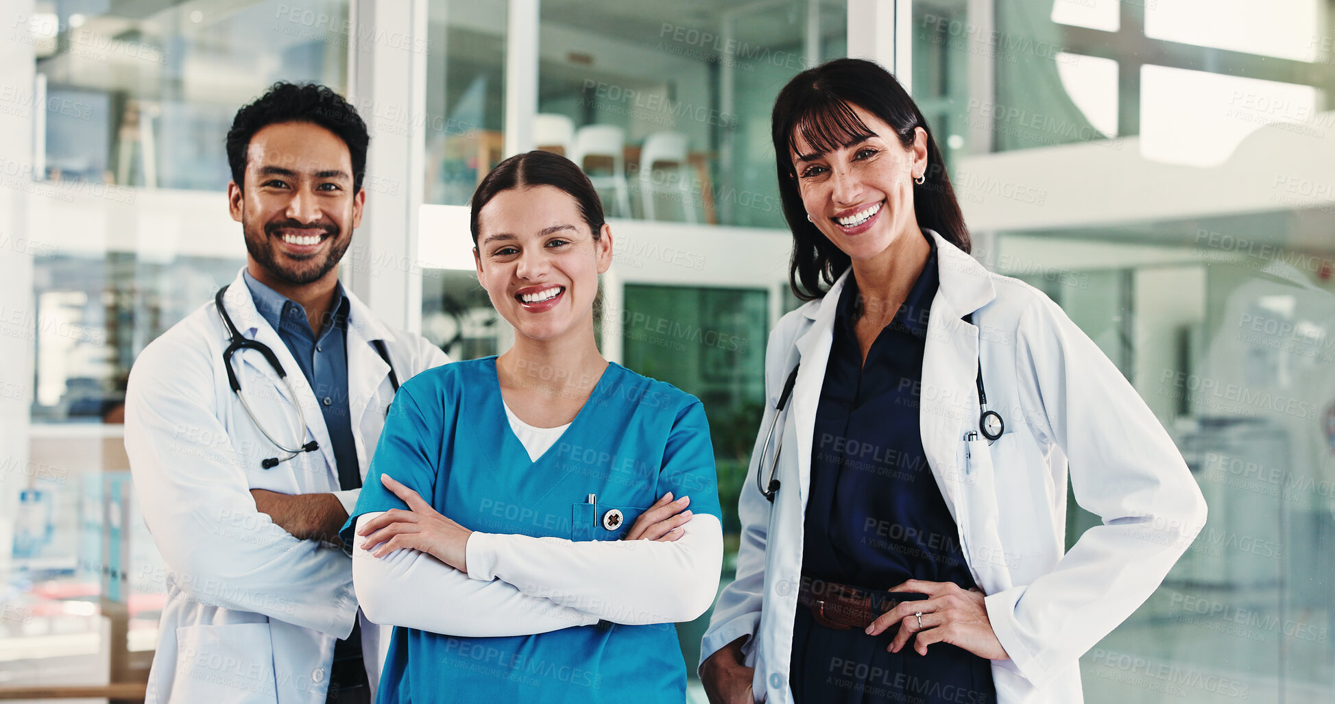 Buy stock photo Portrait, group and doctors with smile, hospital and confident for career growth and medical service. Happy, healthcare professionals and people with pride for unity, team and colleagues in clinic