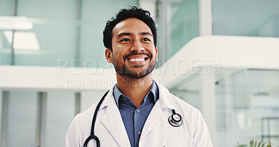 Buy stock photo Thinking, doctor and man in hospital, smile and contemplation for illness treatment. Medical service, professional and happy person in clinic, solution or vision for healthcare future and decision