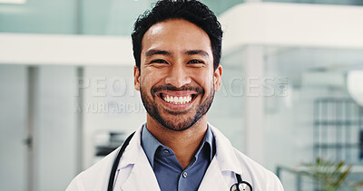 Buy stock photo Smile, medical and portrait of doctor in hospital lobby for healthcare advisor, about us and cardiologist. Professional, opportunity and heart physician with man in clinic for pride and happy