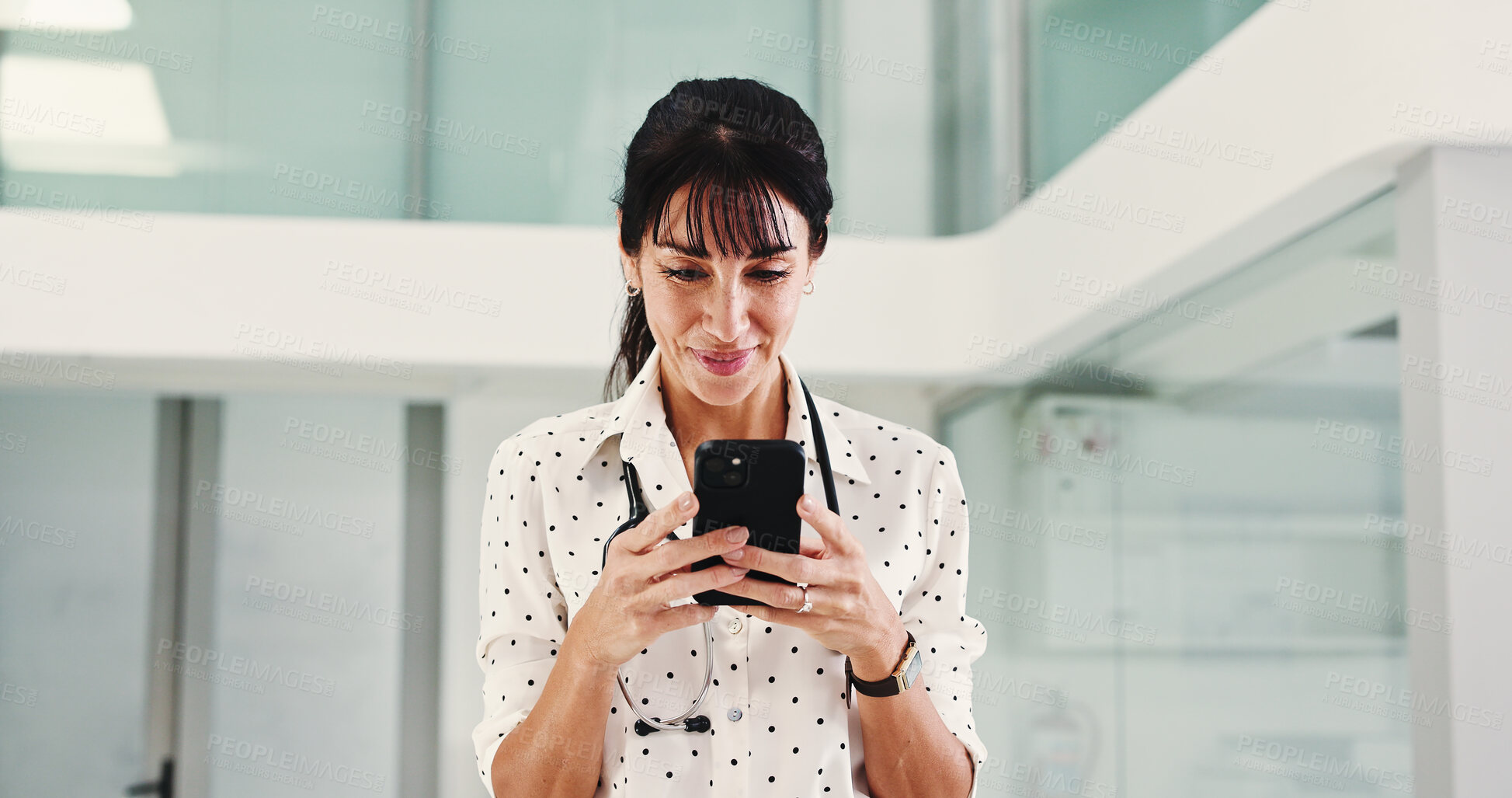 Buy stock photo Cellphone, woman and doctor in clinic, typing and digital app for online schedule. Mature person, medical service and professional in hospital, smartphone and email for test results and telehealth