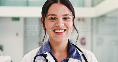 Buy stock photo Career, doctor and portrait of woman in hospital lobby for healthcare advisor, about us and cardiologist. Medical professional, opportunity and heart physician with person in clinic for pride