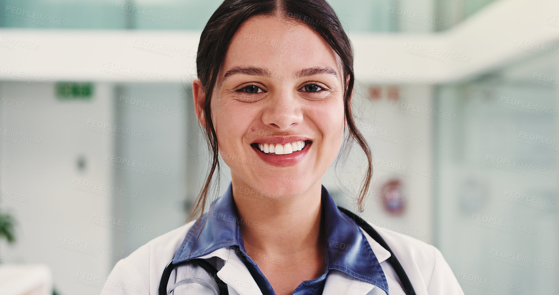 Buy stock photo Career, doctor and portrait of woman in hospital lobby for healthcare advisor, about us and cardiologist. Medical professional, opportunity and heart physician with person in clinic for pride