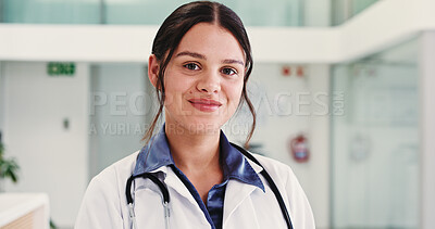 Buy stock photo Woman, healthcare and portrait of doctor in hospital lobby for advisor, about us and cardiologist. Medical professional, opportunity and heart physician with person in clinic for smile and pride