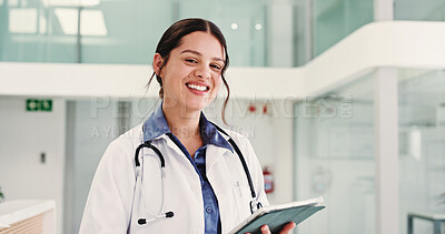 Buy stock photo Woman, doctor and tablet with smile in lobby, portrait and confidence for career at hospital. Person, medical professional and happy with tech, application and telehealth at clinic in Argentina