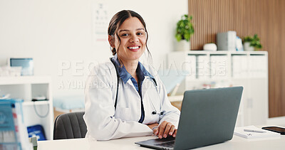 Buy stock photo Doctor, woman and smile with laptop at office for optometry, notification or contact patient at clinic. Person, eye health professional and computer for report, portrait or pride at hospital in Spain