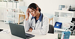 Frustrated woman, doctor and headache with laptop for overworked strain or pressure in hospital. Tired, female person or medical worker with migraine on computer for stress, fatigue or burnout