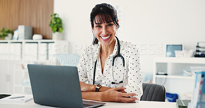 Buy stock photo Woman, laptop and smile with portrait of doctor in hospital for telehealth advisor, about us and healthcare. Medical professional, opportunity and online physician with mature person in clinic